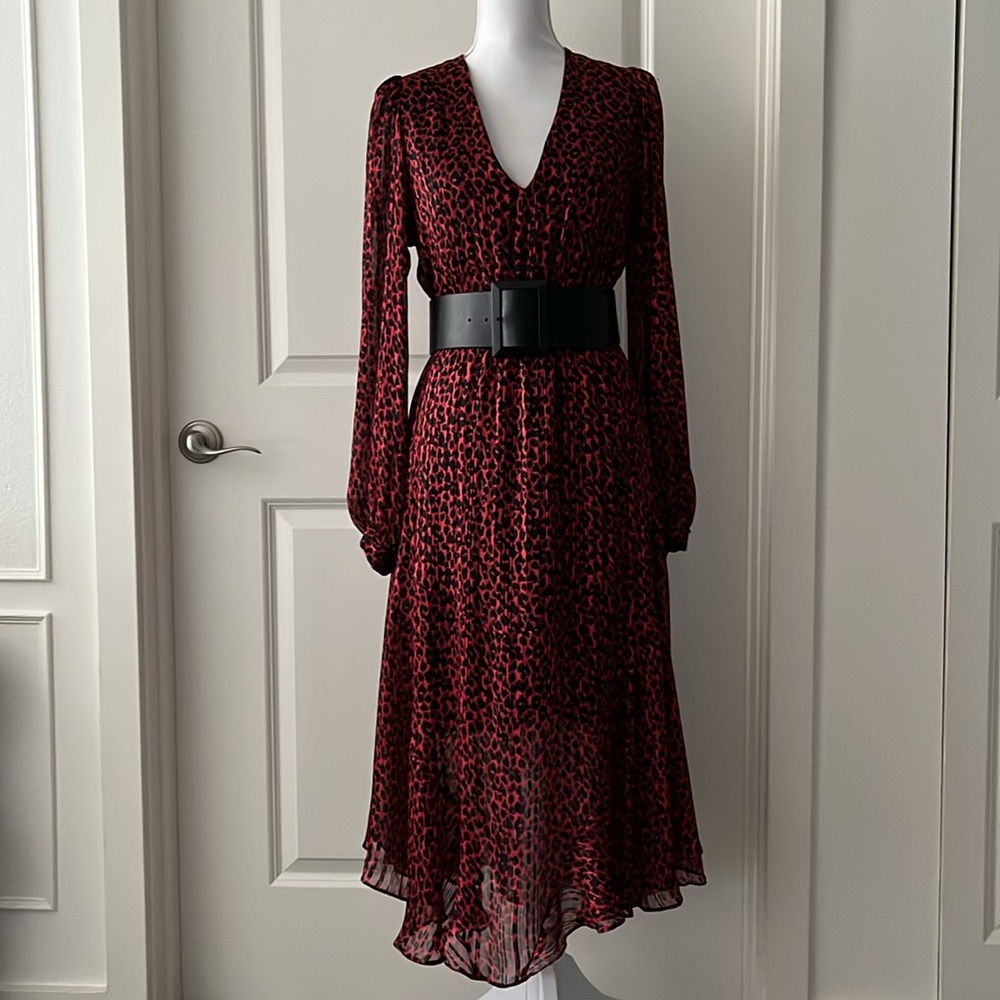 PINKO Red Leopard Print Long Sleeve Dress